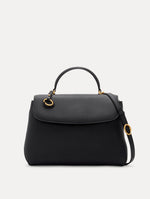 The Poppy Leather Handbag in Black with O logo Tag around the Top Handle, and Detachable Shoulder Strap. Front View