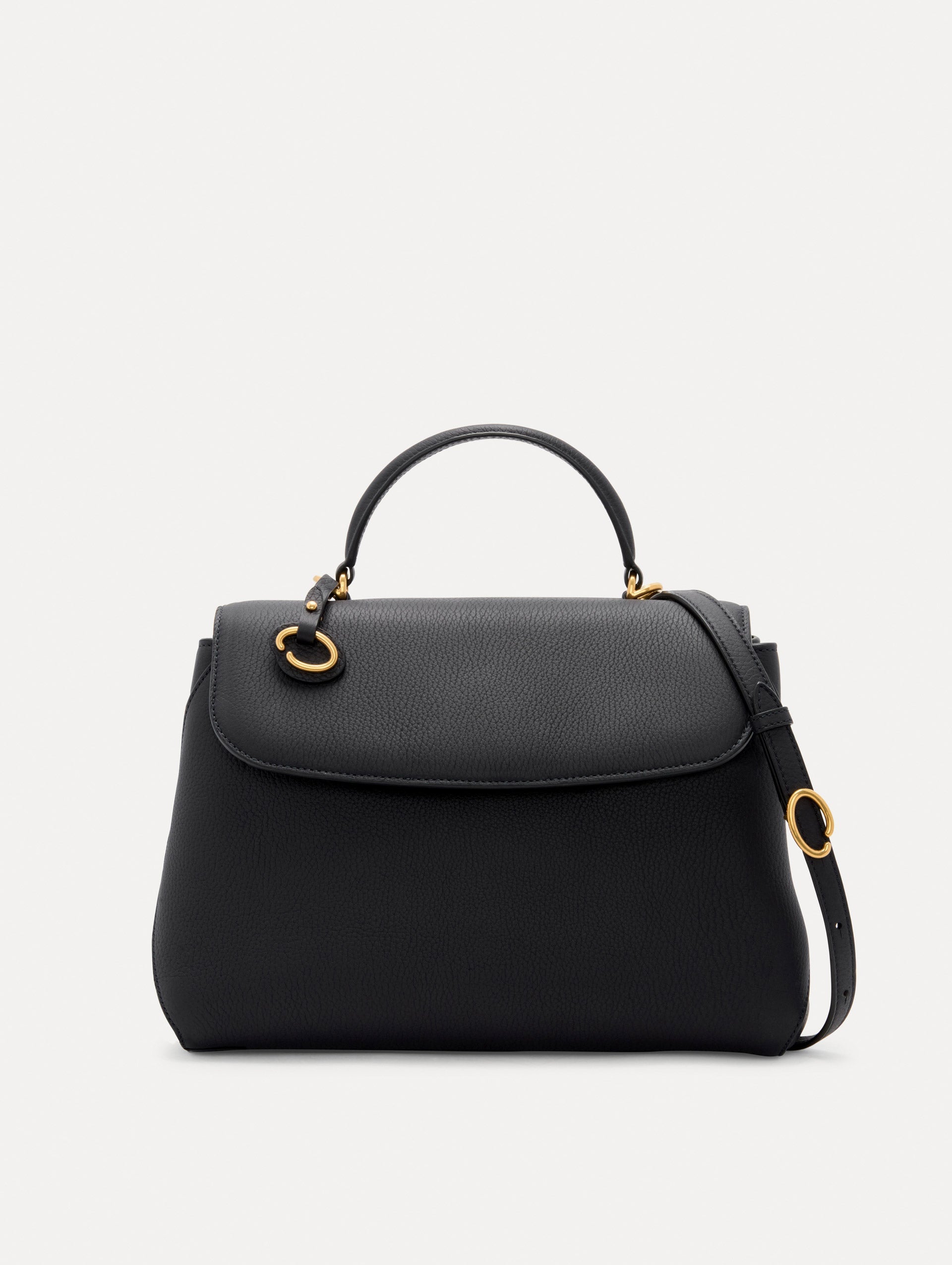 The Poppy Leather Handbag in Black with O logo Tag around the Top Handle, and Detachable Shoulder Strap. Front View