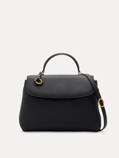 The Poppy Leather Handbag in Black with O logo Tag around the Top Handle, and Detachable Shoulder Strap. Front View