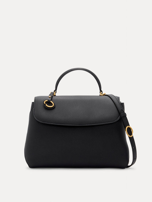 The Poppy Leather Handbag in Black with O logo Tag around the Top Handle, and Detachable Shoulder Strap. Front View
