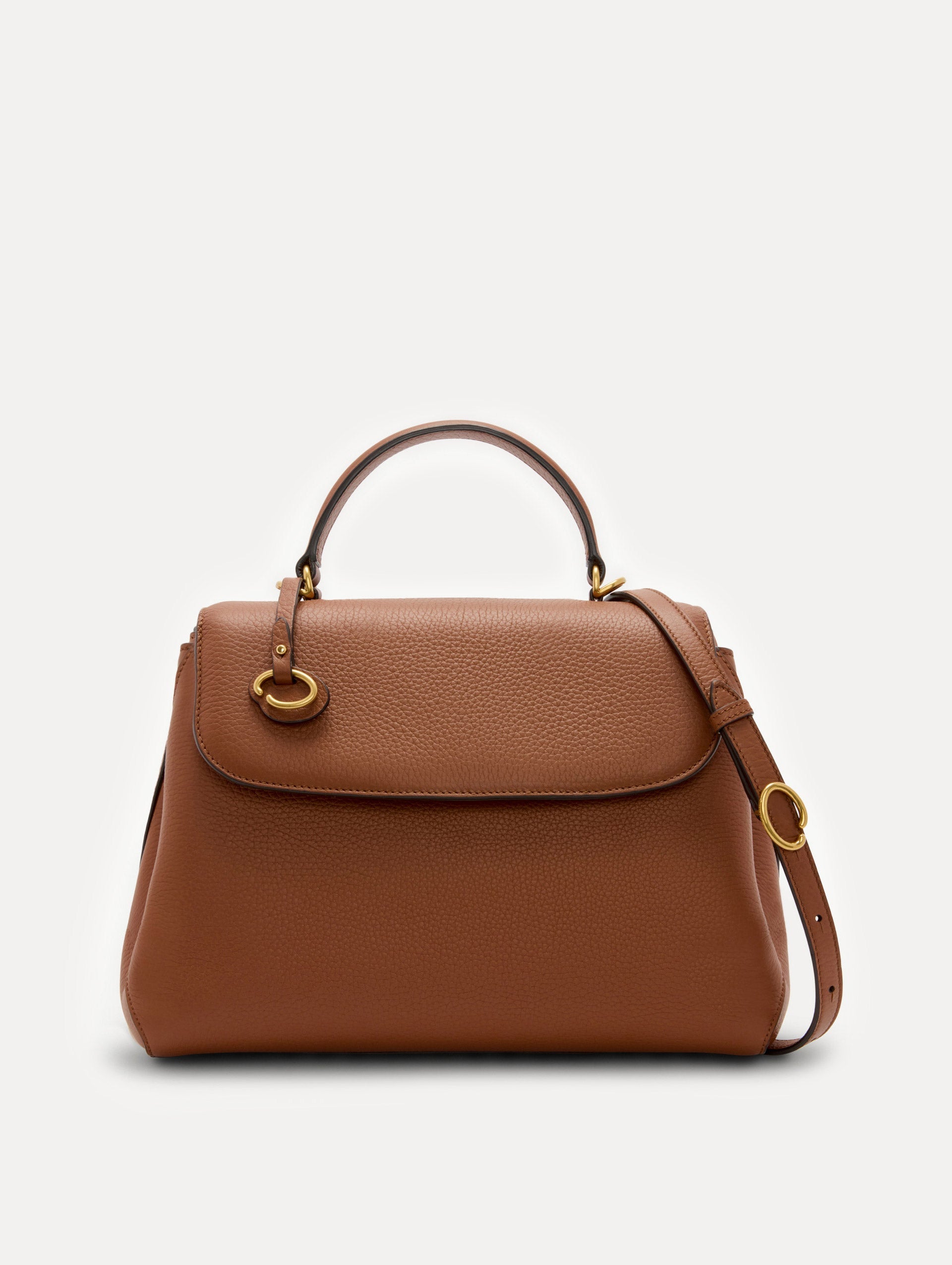 Large Leather Handbag in Cognac with Removable Shoulder Strap and Top Handle with Oscar O Logo Attached. Front View.