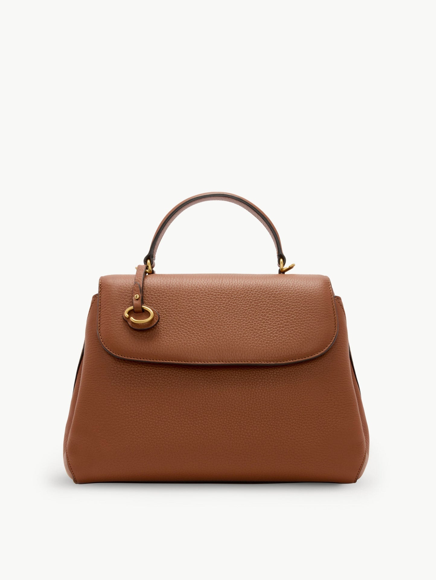 Large Leather Handbag in Cognac with Removable Shoulder Strap and Top Handle with Oscar O Logo Attached. Front View.