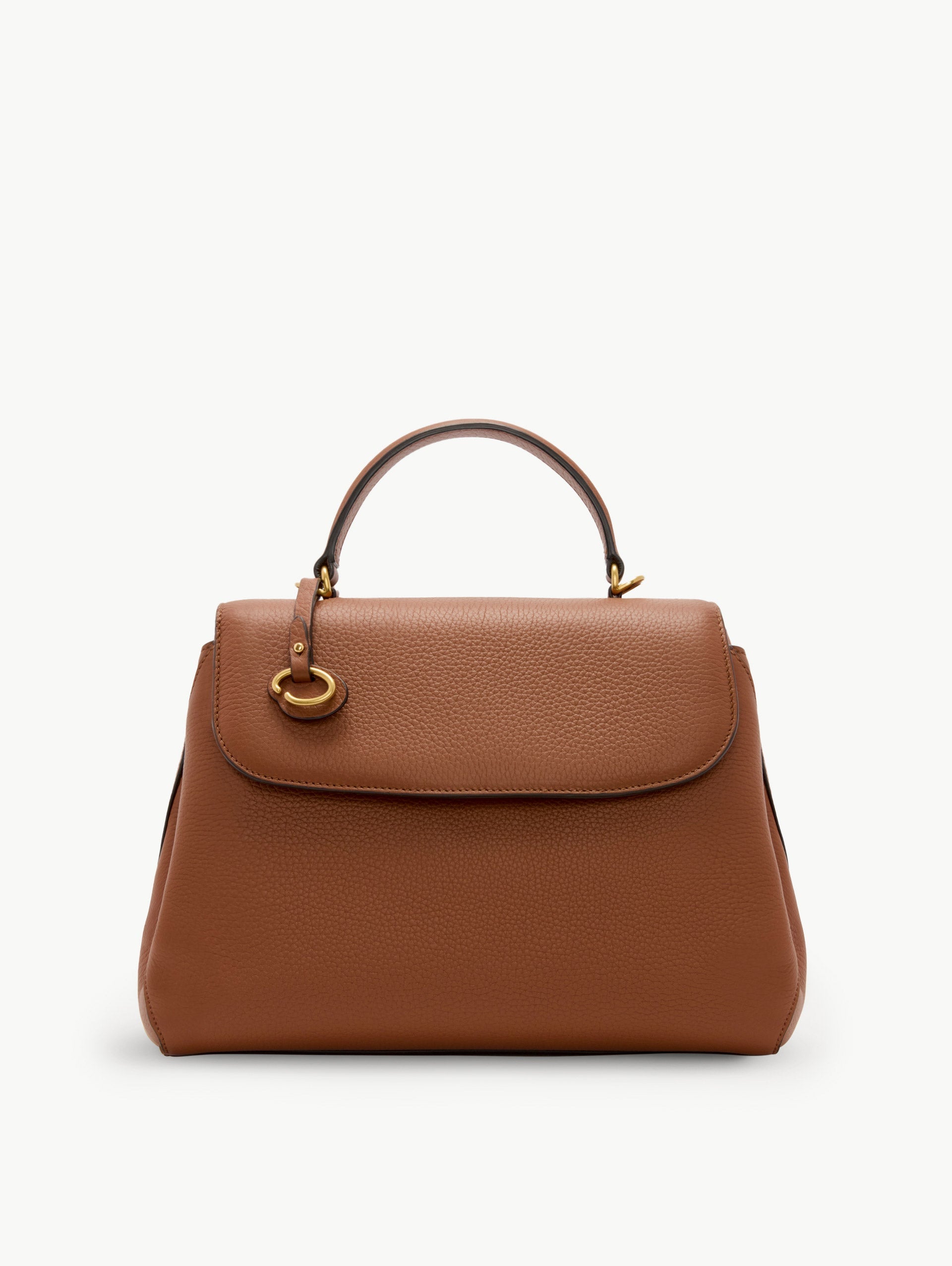 Large Leather Handbag in Cognac with Removable Shoulder Strap and Top Handle with Oscar O Logo Attached. Front View.