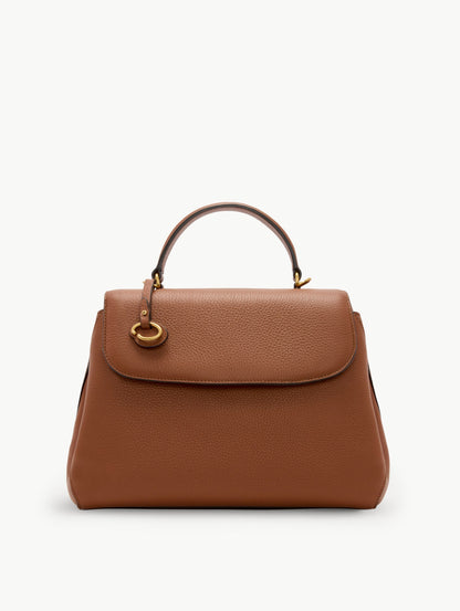 Large Leather Handbag in Cognac with Removable Shoulder Strap and Top Handle with Oscar O Logo Attached. Front View.