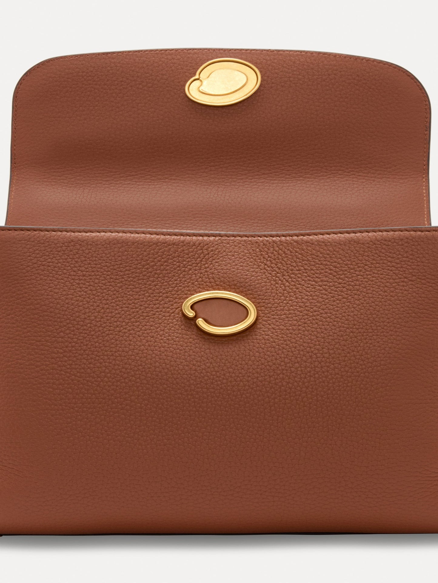 Inside The Poppy Leather Handbag in Brown with Magnetic O at Closure Zoom View