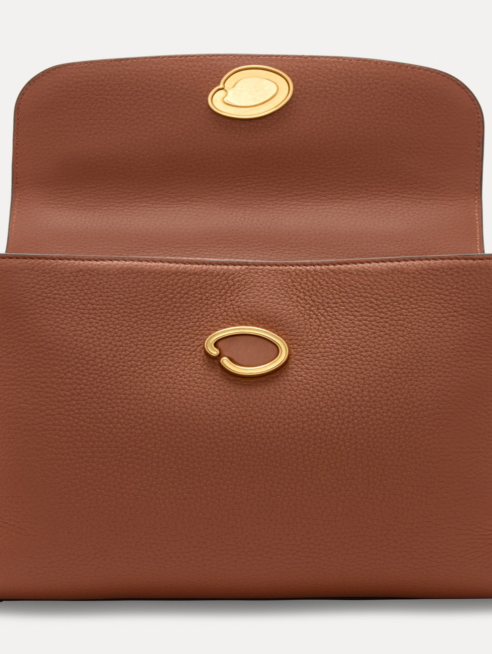 Inside The Poppy Leather Handbag in Brown with Magnetic O at Closure Zoom View