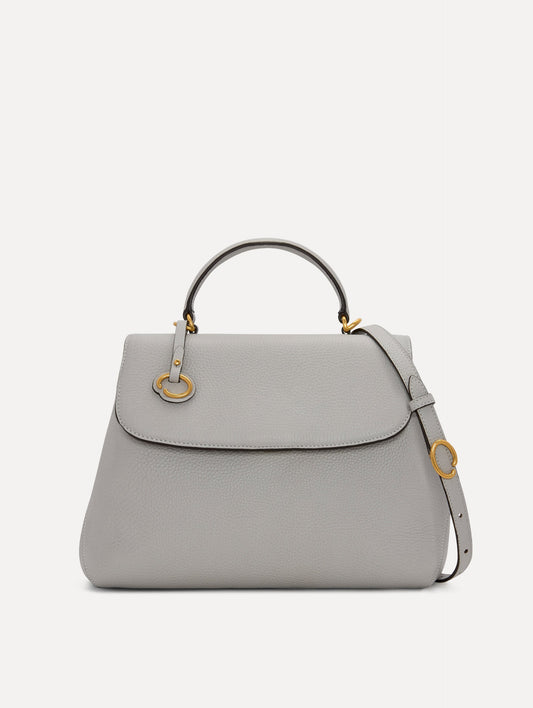 The Poppy Leather Handbag in Grey with O logo Tag around the Top Handle, and Detachable Shoulder Strap. Front View