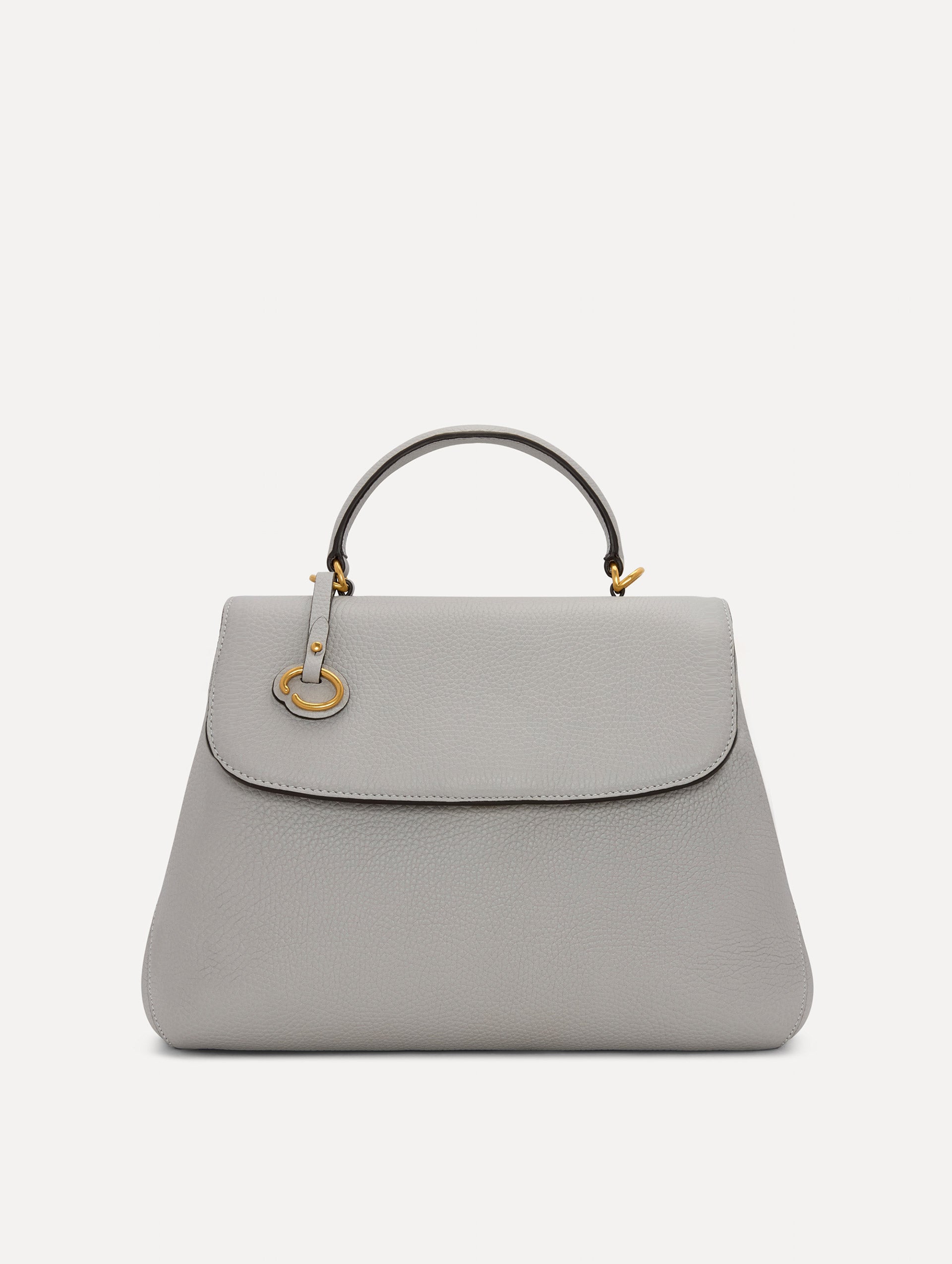 The Poppy Leather Handbag in Grey with O logo Tag around the Top Handle, and Detachable Shoulder Strap. Front View