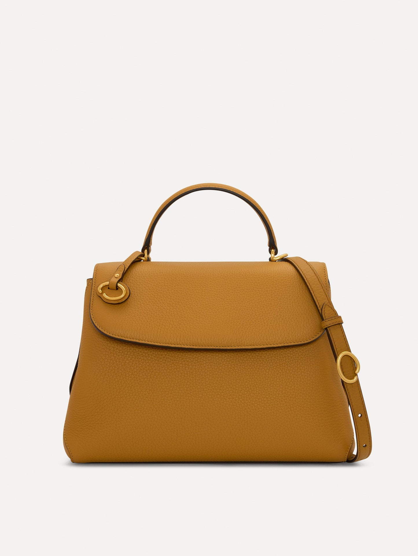 The Poppy Leather Handbag in Honey with O tag around the Top handle and Detachable Shoulder Strap Front View
