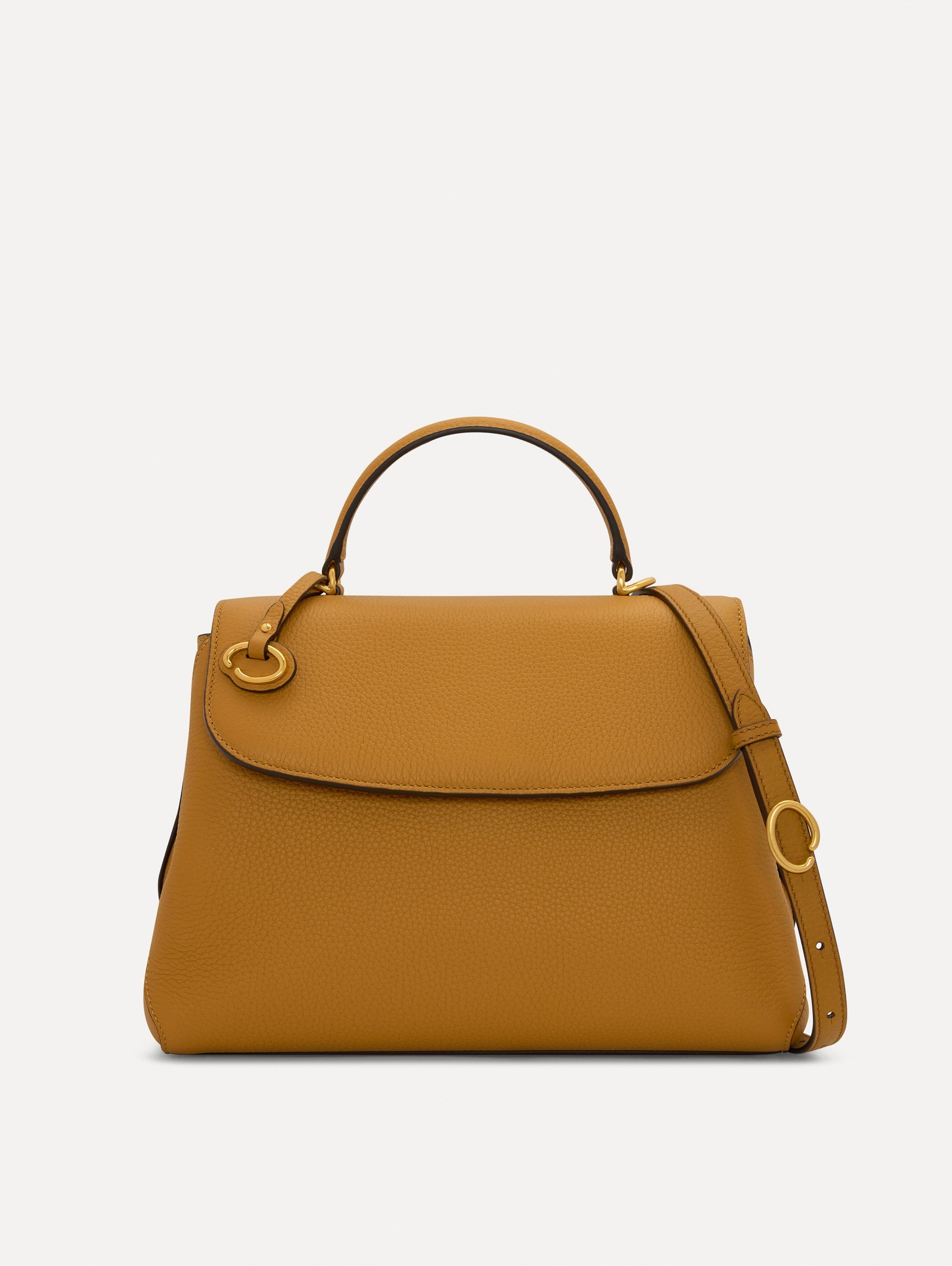 The Poppy Leather Handbag in Honey with O tag around the Top handle and Detachable Shoulder Strap Front View