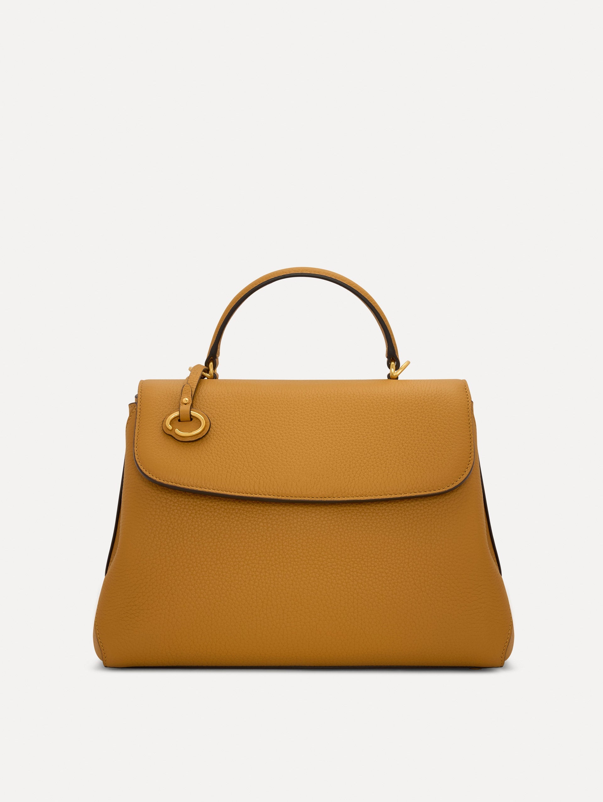 The Poppy Leather Handbag in Honey with O tag around the Top Front View