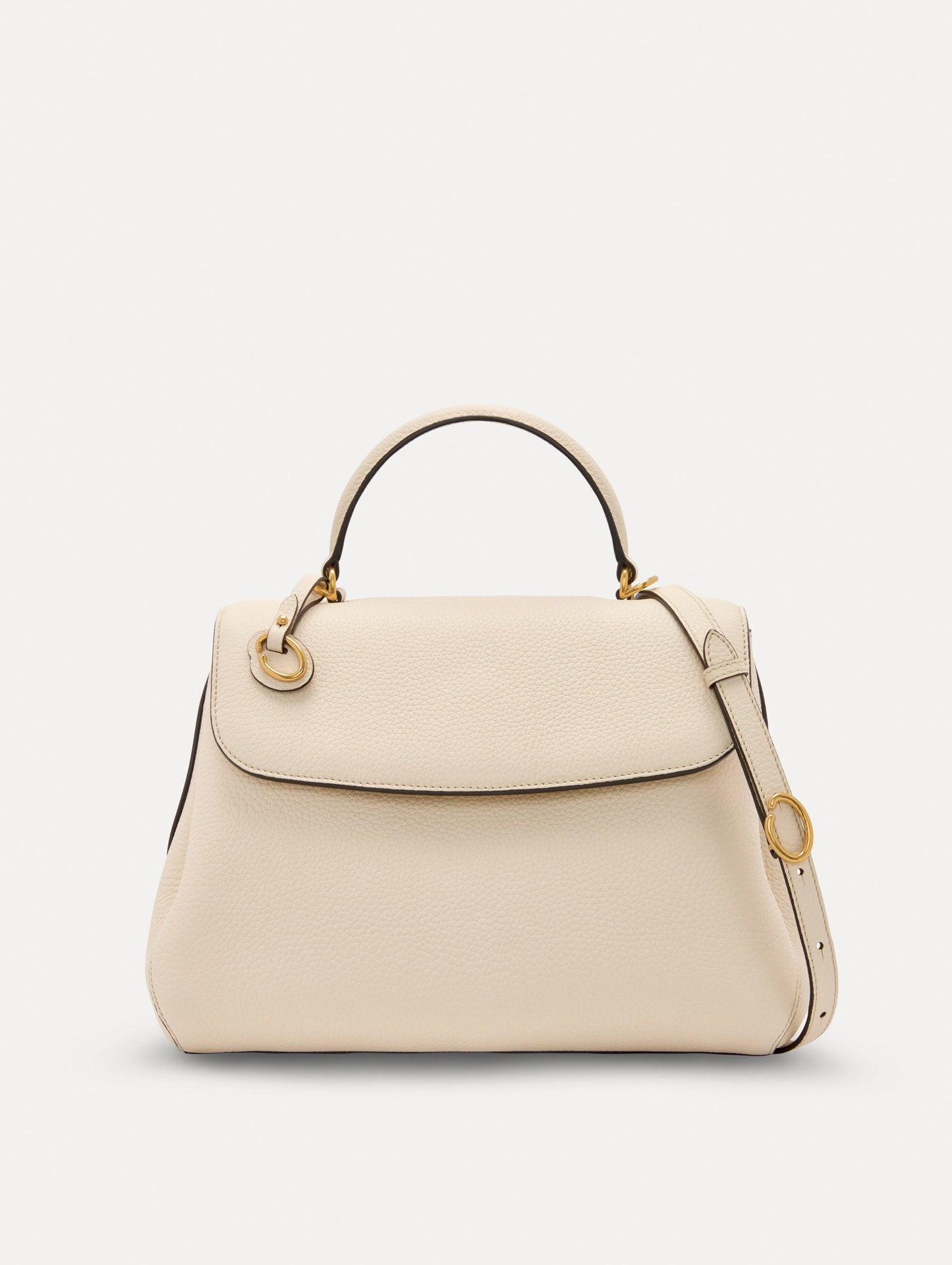 The Poppy Leather Handbag in Ivory with O tag around the Top handle and Detachable Shoulder Strap Front View