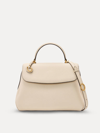 The Poppy Leather Handbag in Ivory with O tag around the Top handle and Detachable Shoulder Strap Front View