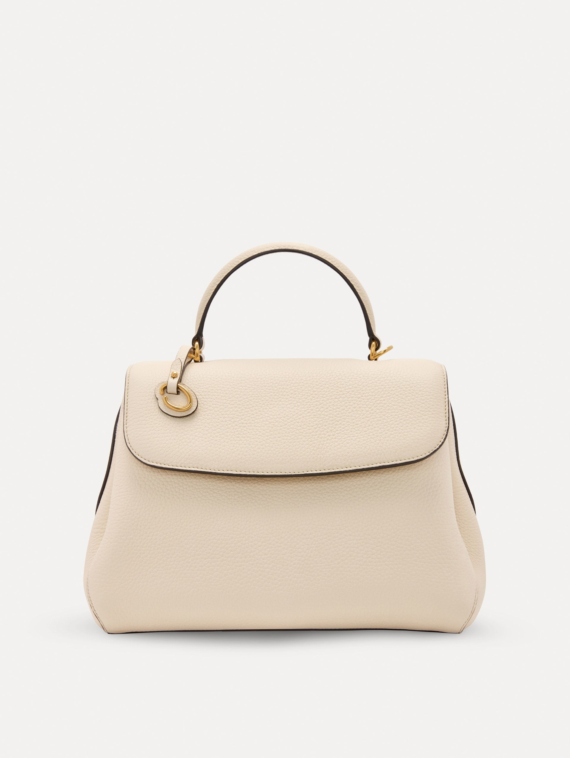 The Poppy Leather Handbag in Ivory with O tag around the Top Front View