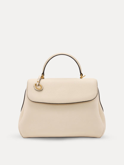 The Poppy Leather Handbag in Ivory with O tag around the Top Front View