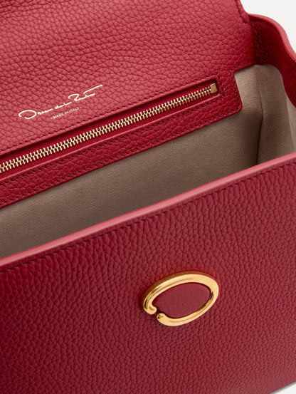 Inside The Poppy Leather Handbag in Red with Magnetic O at Closure Zoom View