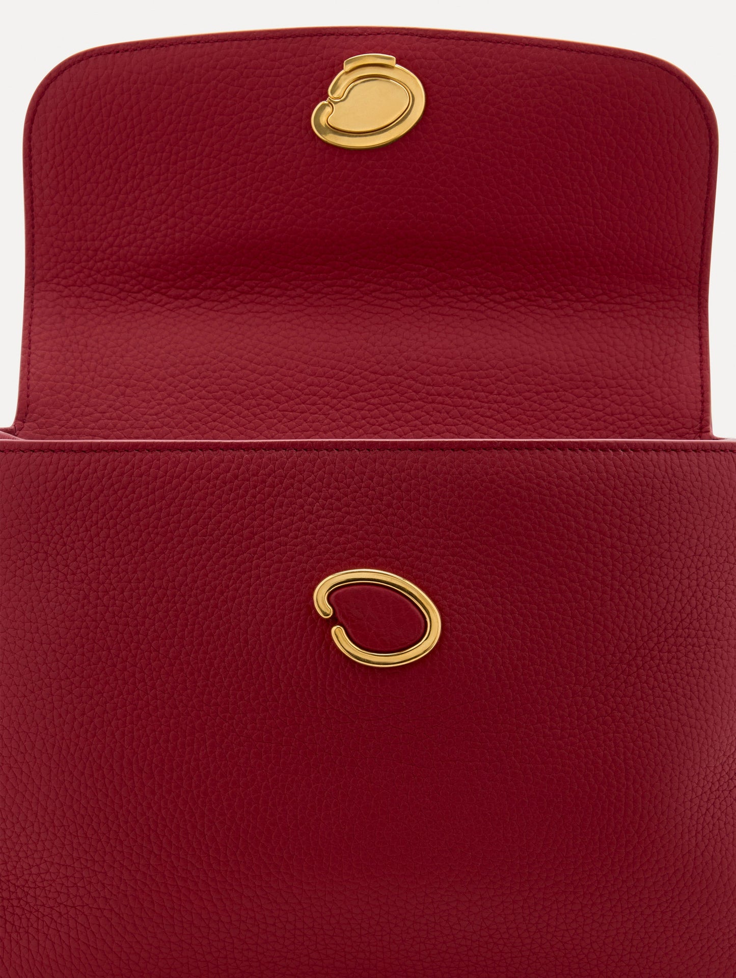 Inside The Poppy Leather Handbag in Red with Magnetic O at Closure Zoom View