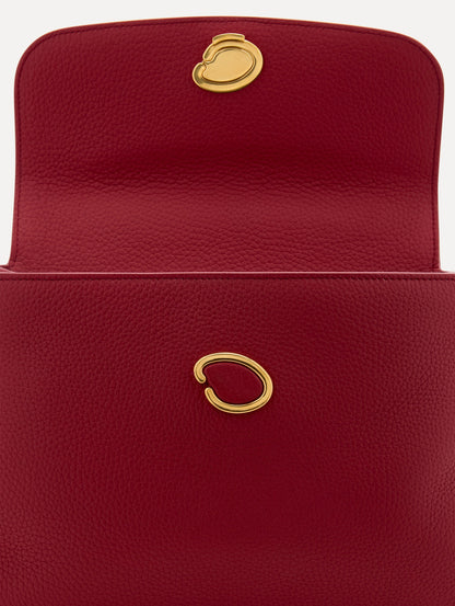 Inside The Poppy Leather Handbag in Red with Magnetic O at Closure Zoom View
