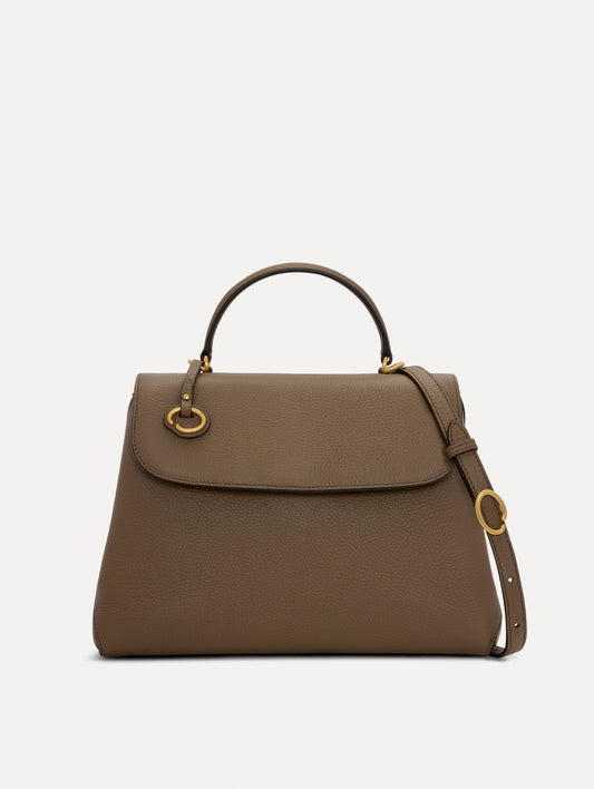 The Poppy Leather Handbag in Stone with O tag around the Top handle and Detachable Shoulder Strap Front View
