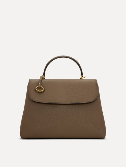 The Poppy Leather Handbag in Stone with O tag around the Top Front View