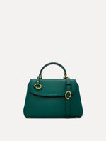 The Mini Poppy Leather Handbag in Green with O logo Tag around the Top Handle, and Detachable Shoulder Strap. Front View