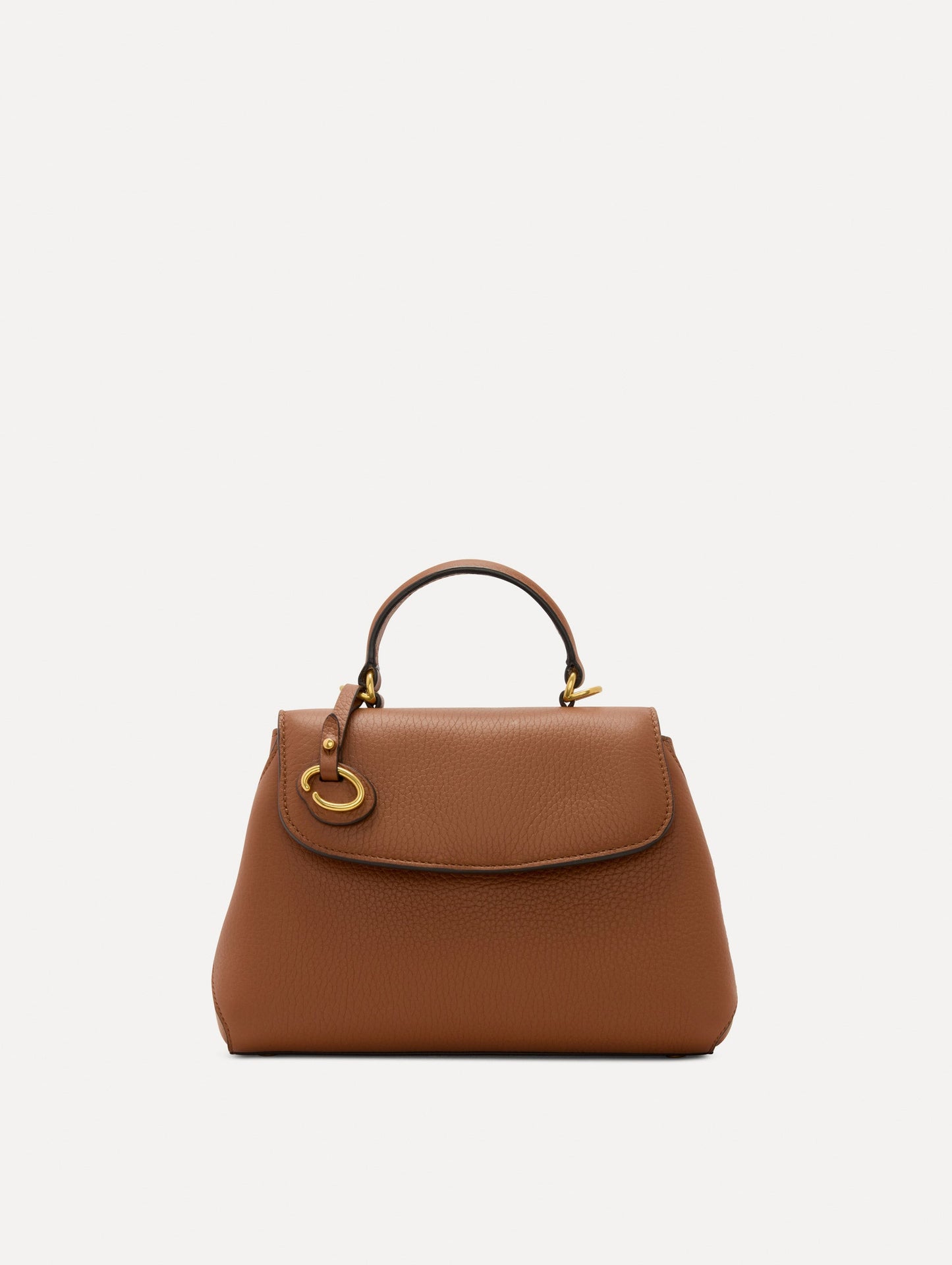 The Mini Poppy Leather Handbag in Brown with O logo Tag around top Handle Front View