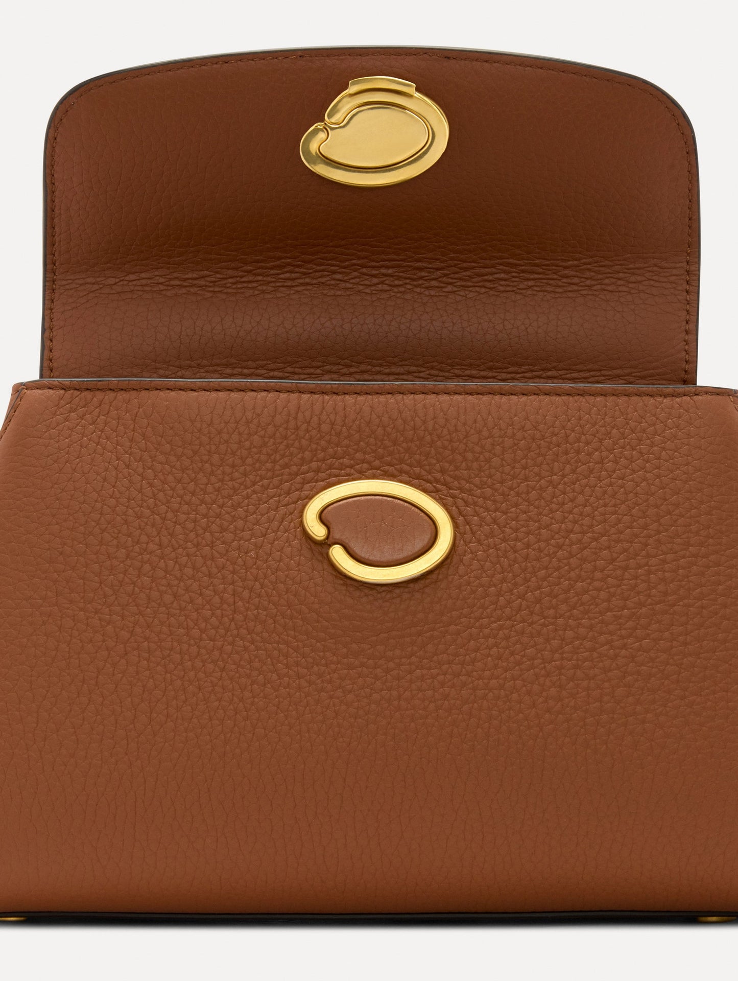 Inside The Mini Poppy Leather Handbag in Brown with Magnetic O at Closure Zoom View