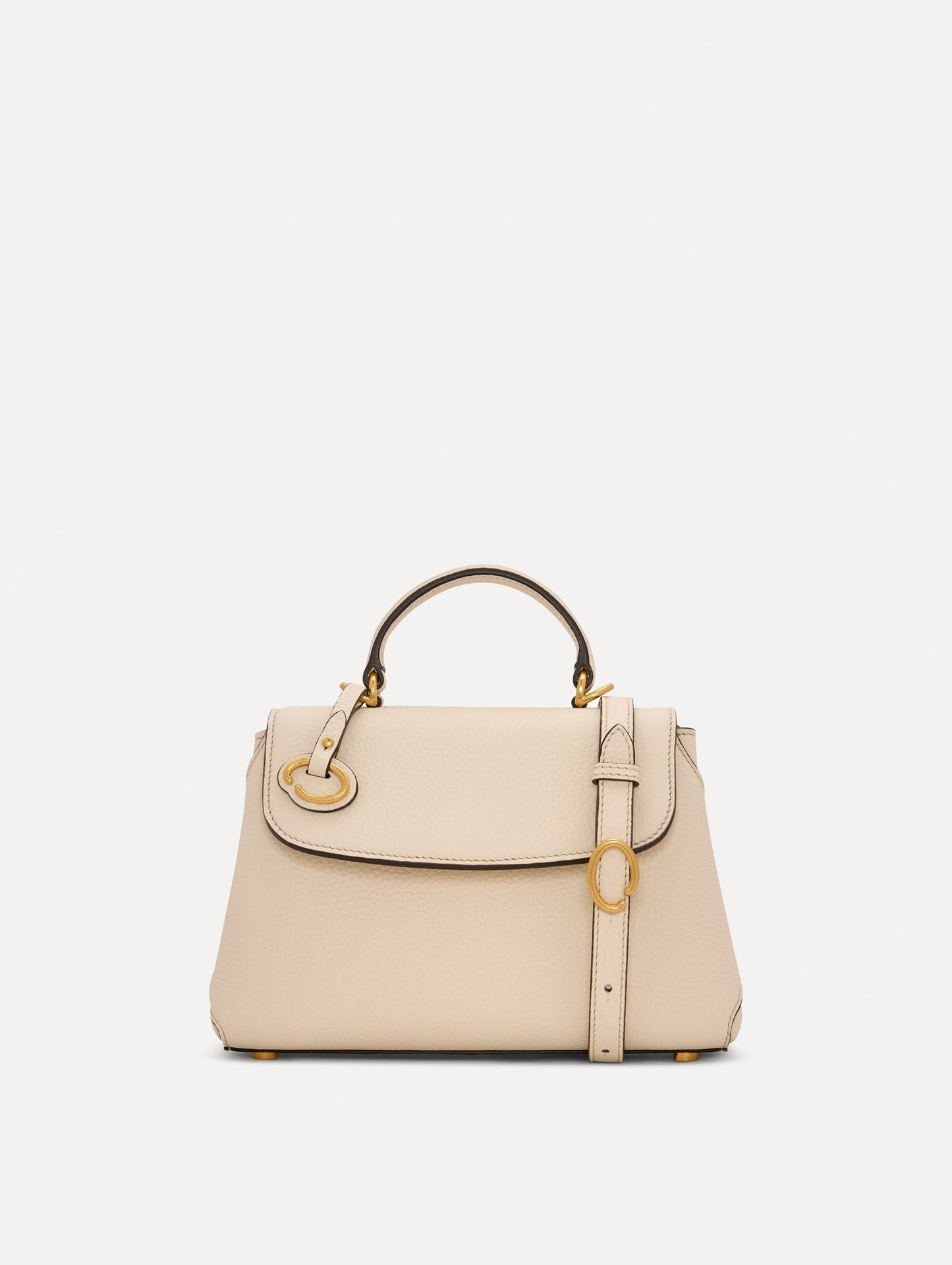 The Mini Poppy Leather Handbag in Ivory with O tag around the Top handle and Detachable Shoulder Strap Front View