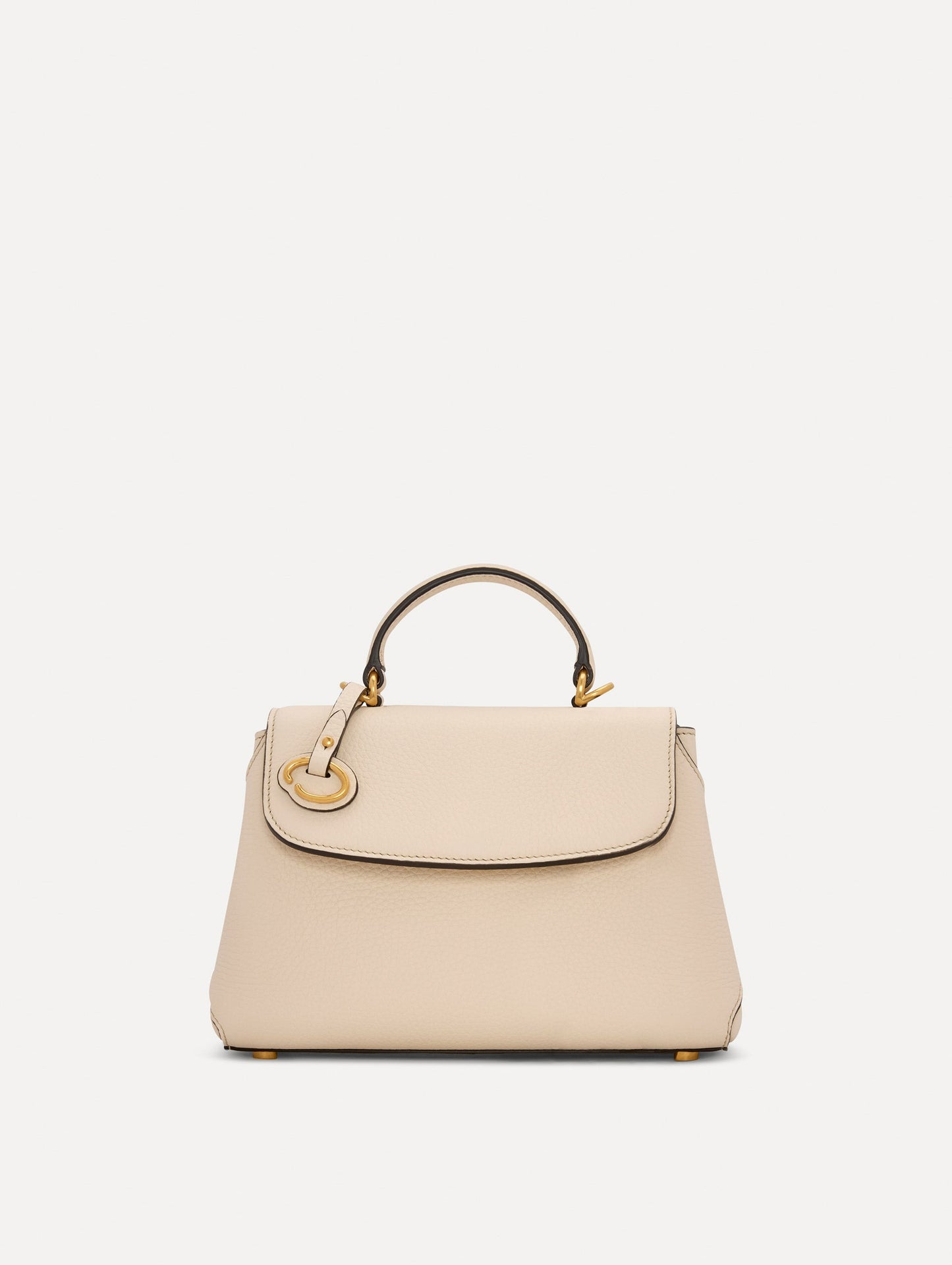 The Mini Poppy Leather Handbag in Ivory with O tag around the Top handle Front View