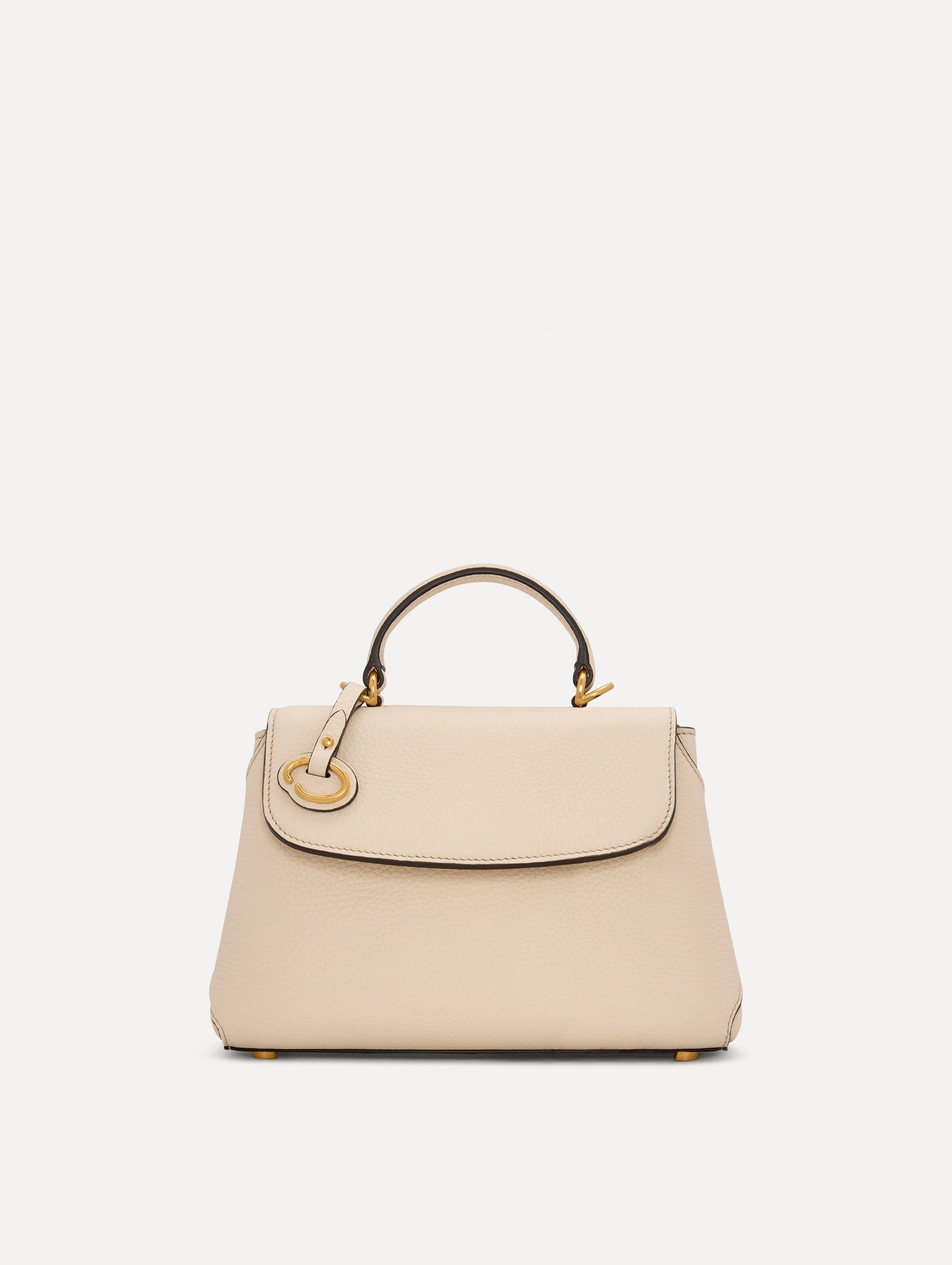 The Mini Poppy Leather Handbag in Ivory with O tag around the Top handle Front View
