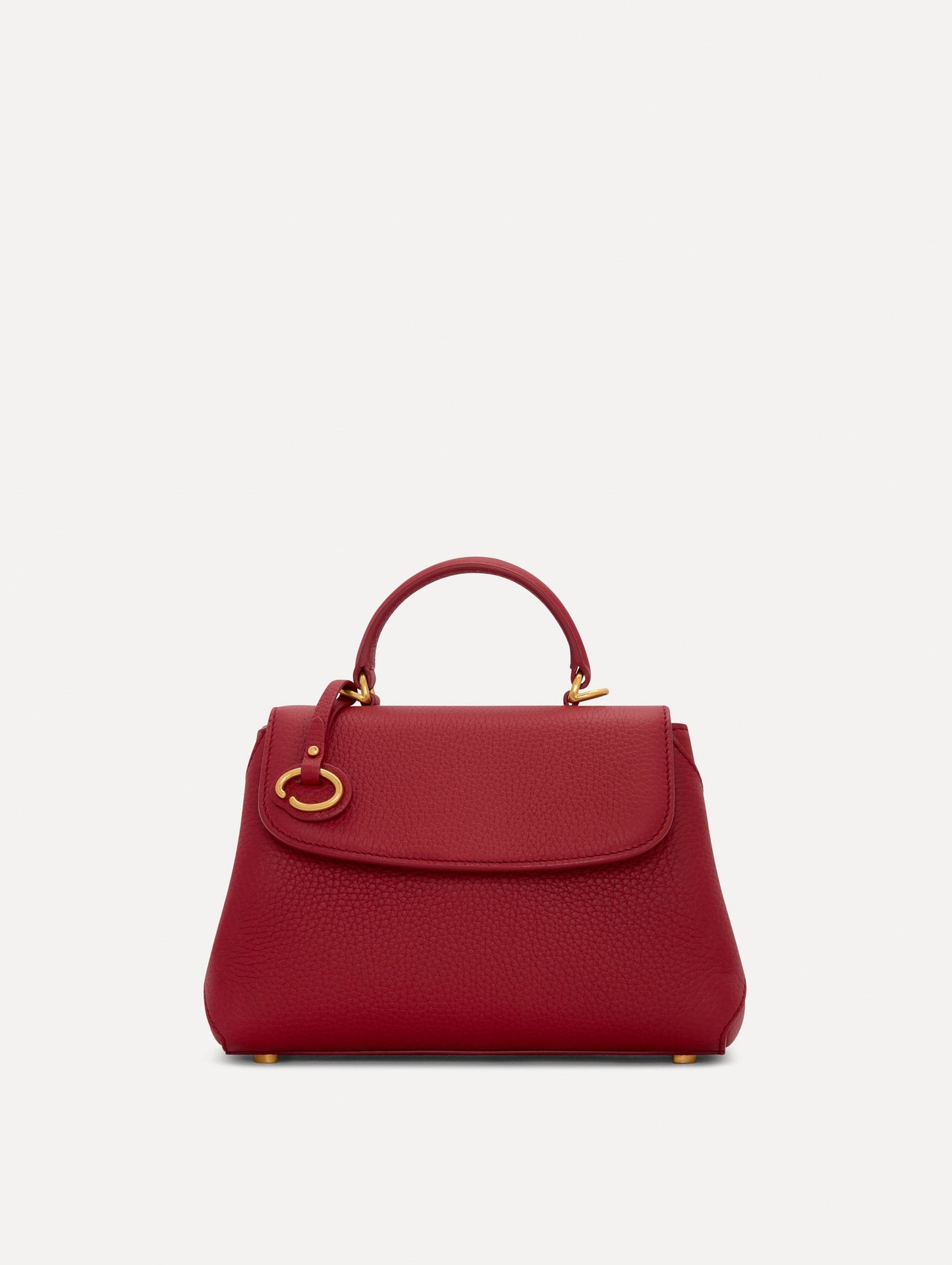 The Mini Poppy Leather Handbag in Red with O tag around the Top handle Front View
