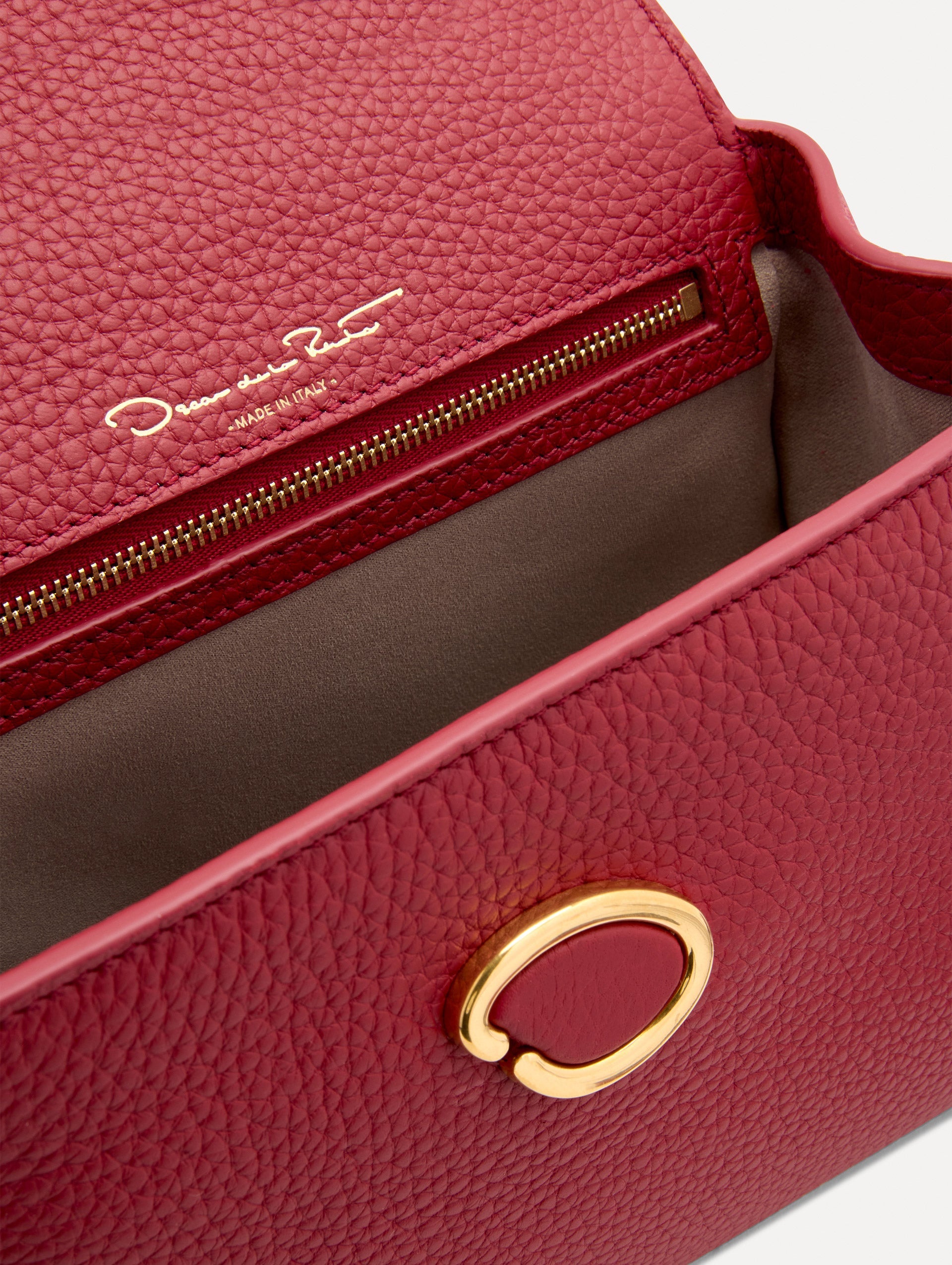 Inside The Mini Poppy Leather Handbag in Red with Magnetic O at Closure Zoom View