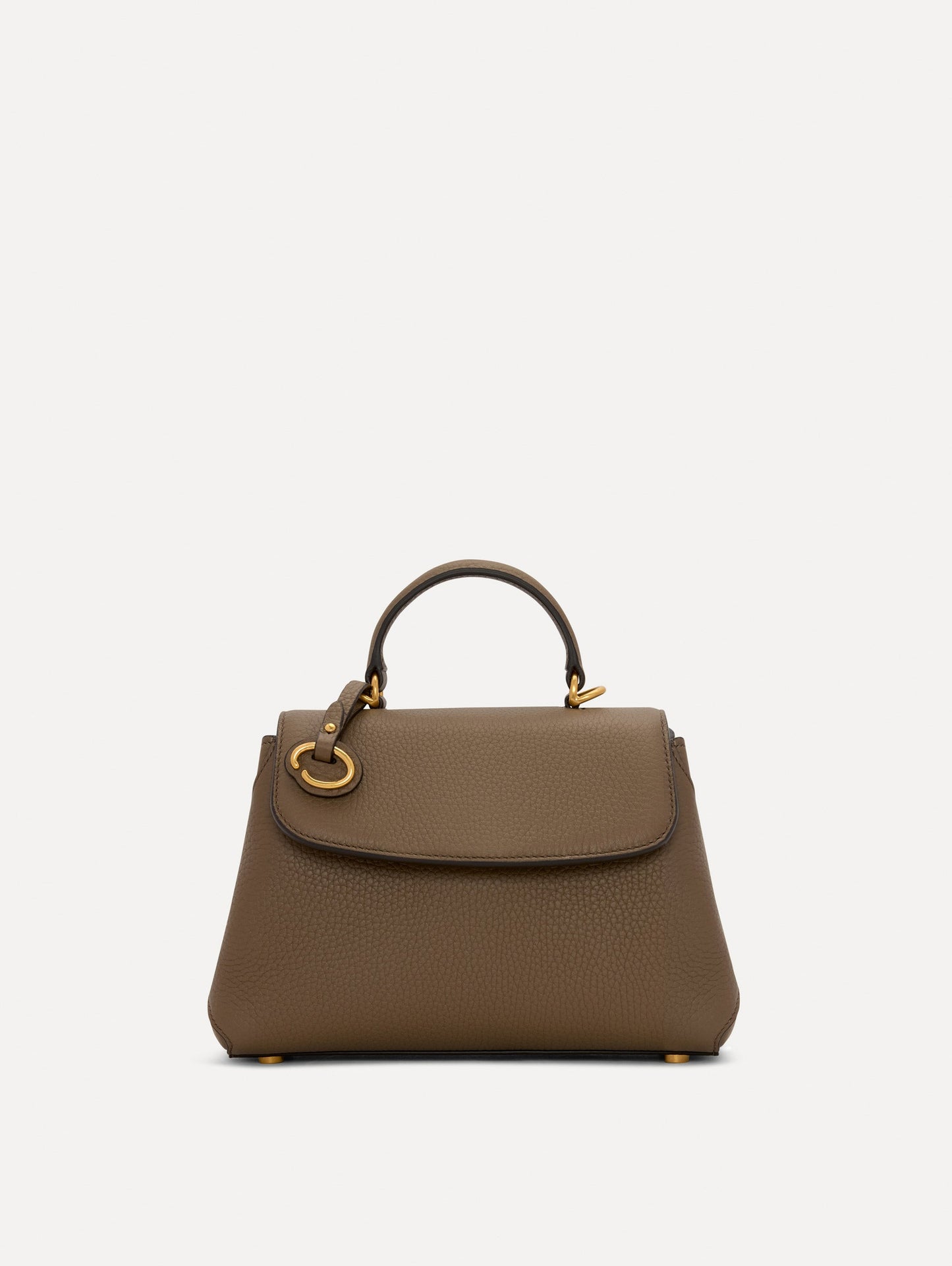 The Mini Poppy Leather Handbag in Stone with O tag around the Top handle Front View