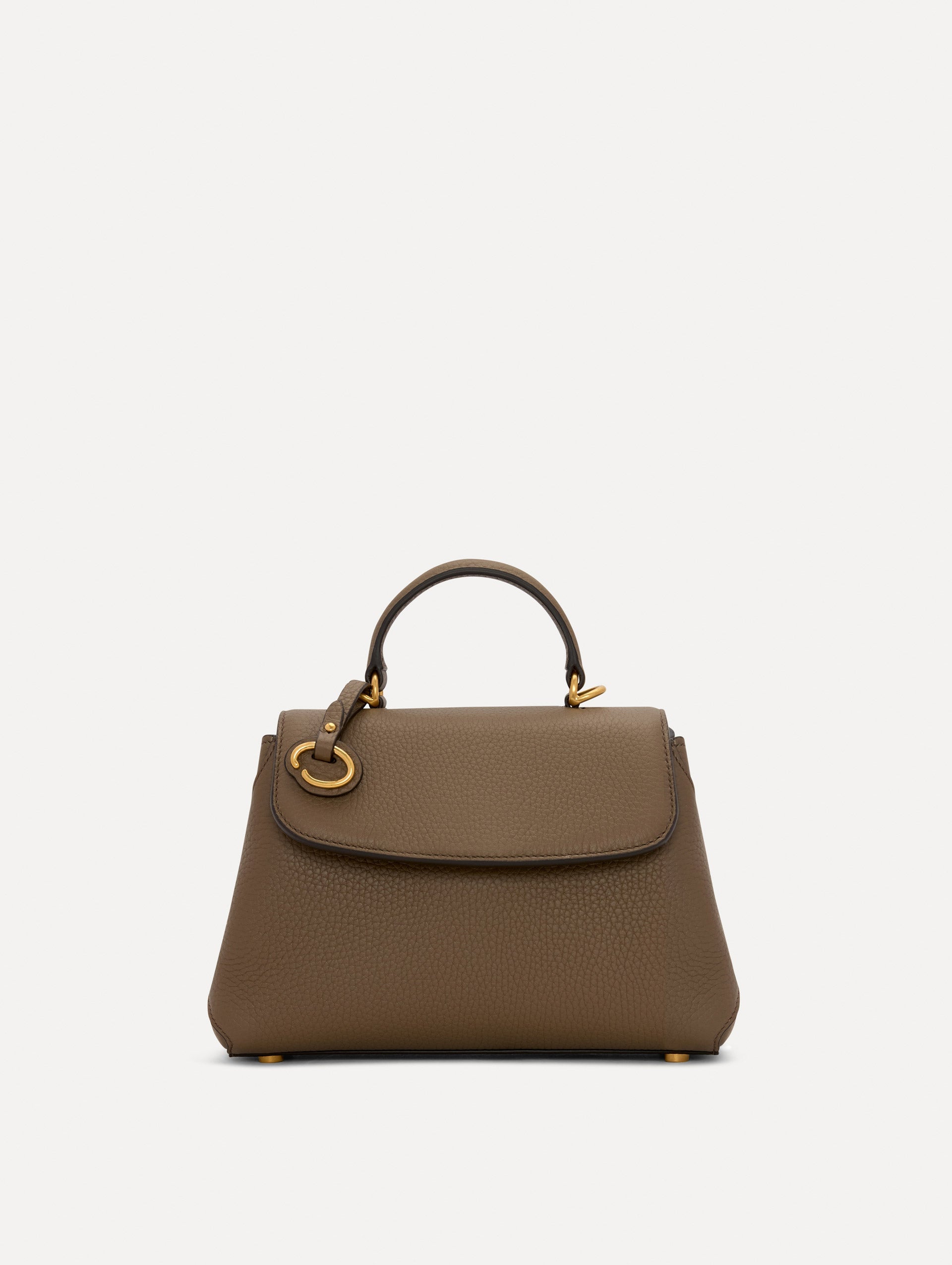 The Mini Poppy Leather Handbag in Stone with O tag around the Top handle Front View