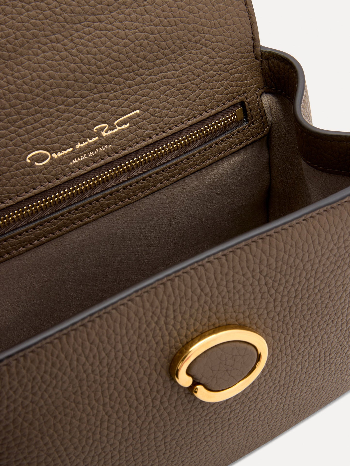 Inside The Mini Poppy Leather Handbag in Stone with Magnetic O at Closure Zoom View
