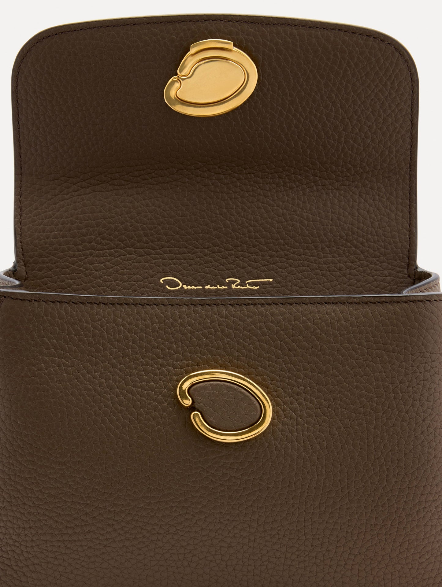 Inside The Mini Poppy Leather Handbag in Stone with Magnetic O at Closure Zoom View