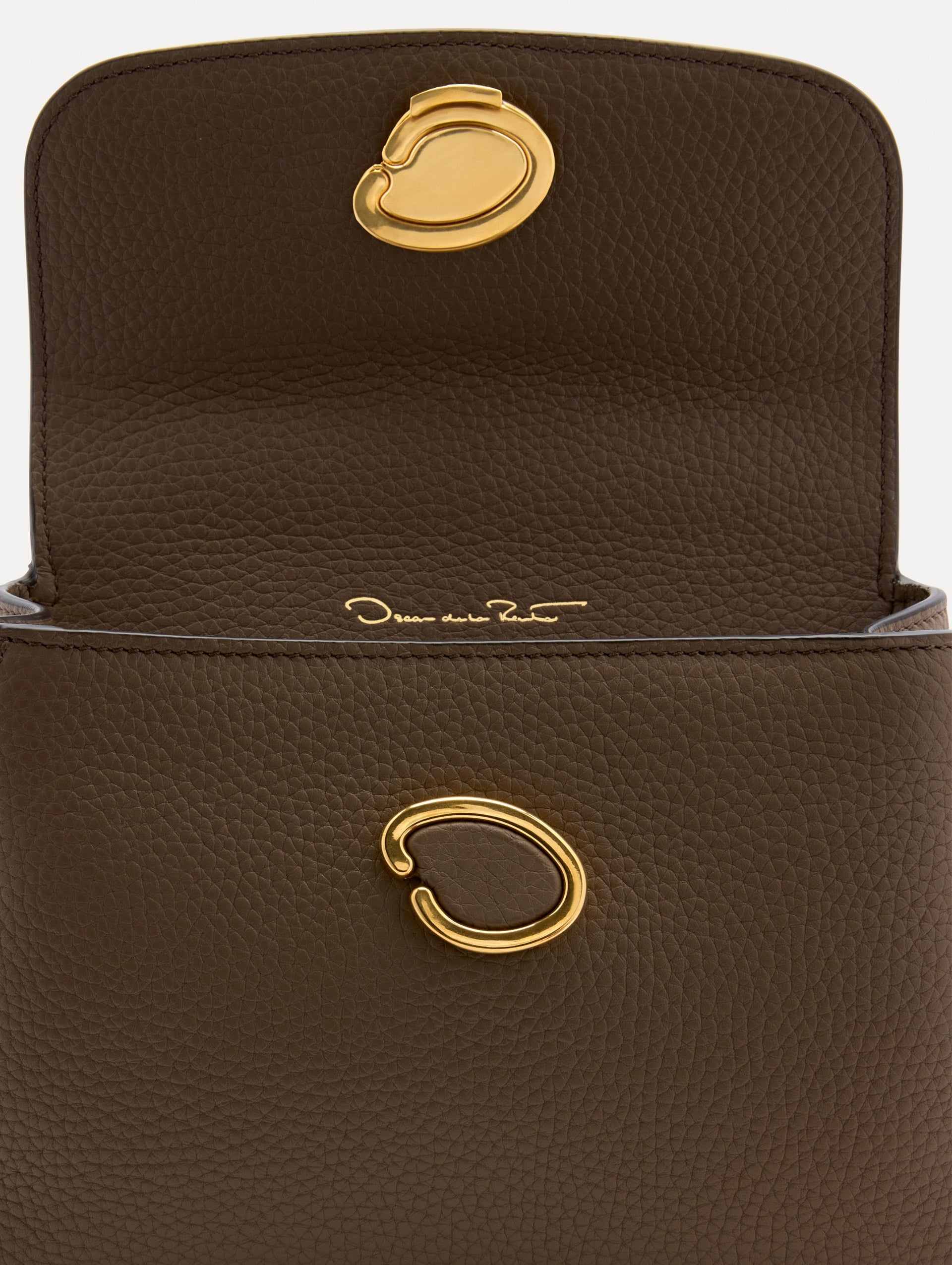 Inside The Mini Poppy Leather Handbag in Stone with Magnetic O at Closure Zoom View
