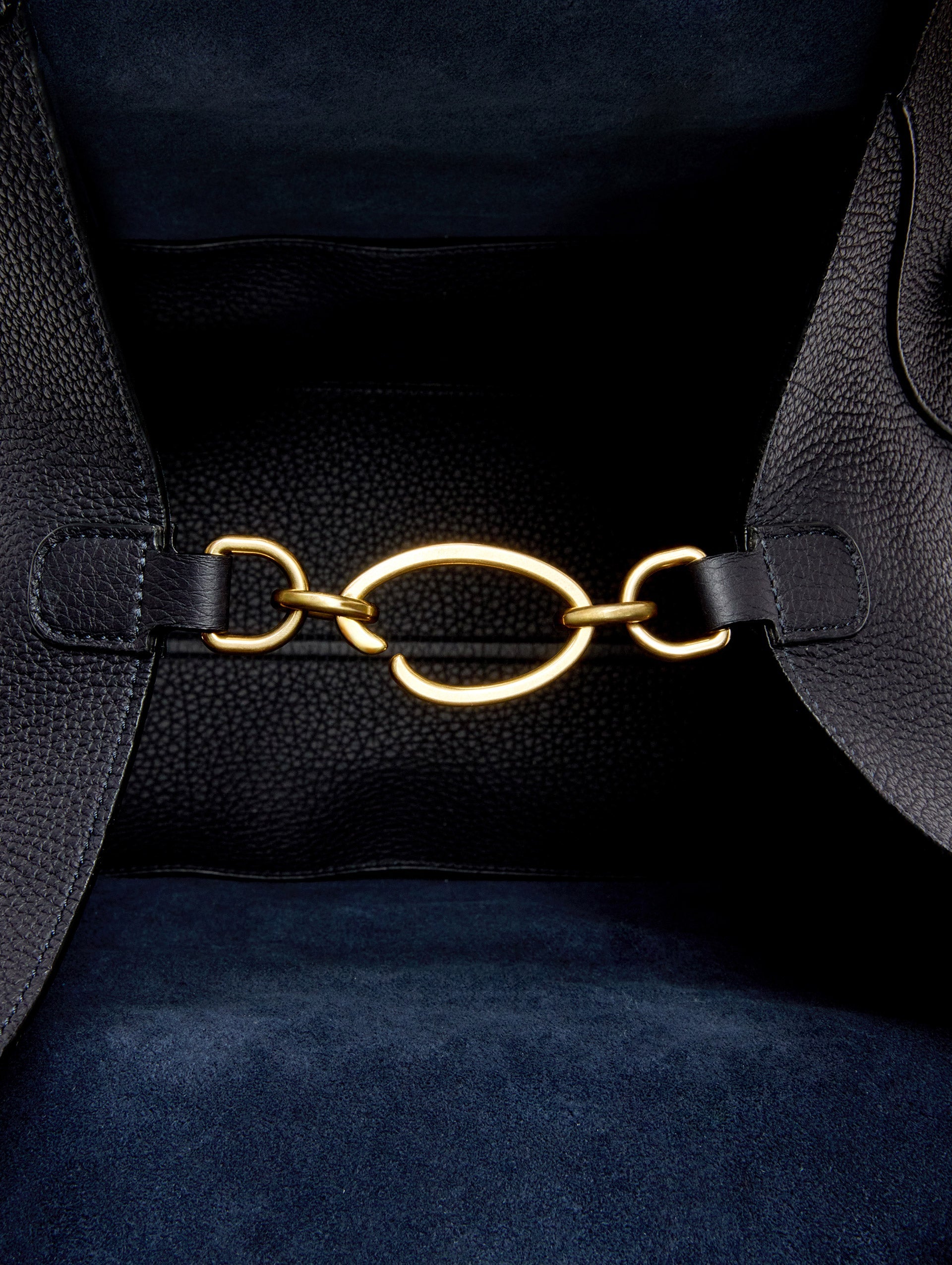 Inside The Topaz in Navy with Gold O Closure Clasp Zoom View