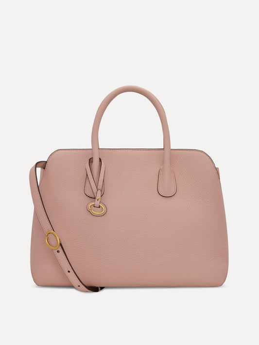 The Ivy Leather Handbag in Blush with O logo tag around Top Handle and Detachable Shoulder Strap Front View