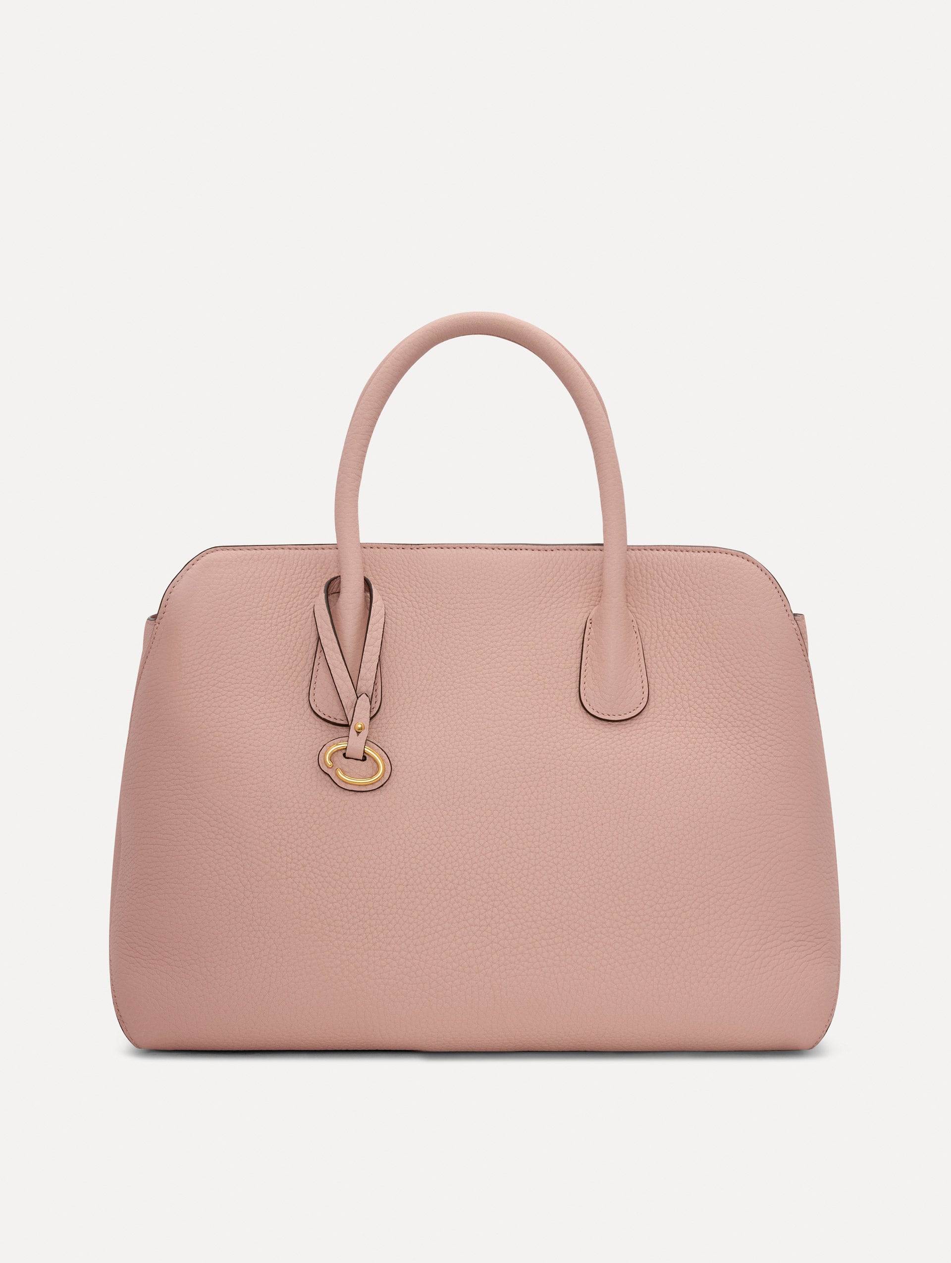 The Ivy Leather Handbag in Blush with O logo tag around Top Handle Front View
