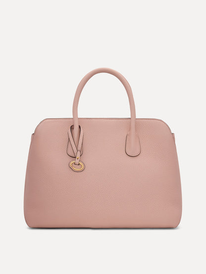 The Ivy Leather Handbag in Blush with O logo tag around Top Handle Front View