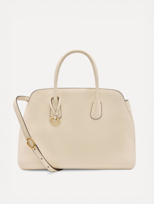 The Ivy Leather handbag in ivory with O logo tag in the Handle and detachable shoulder strap Front View