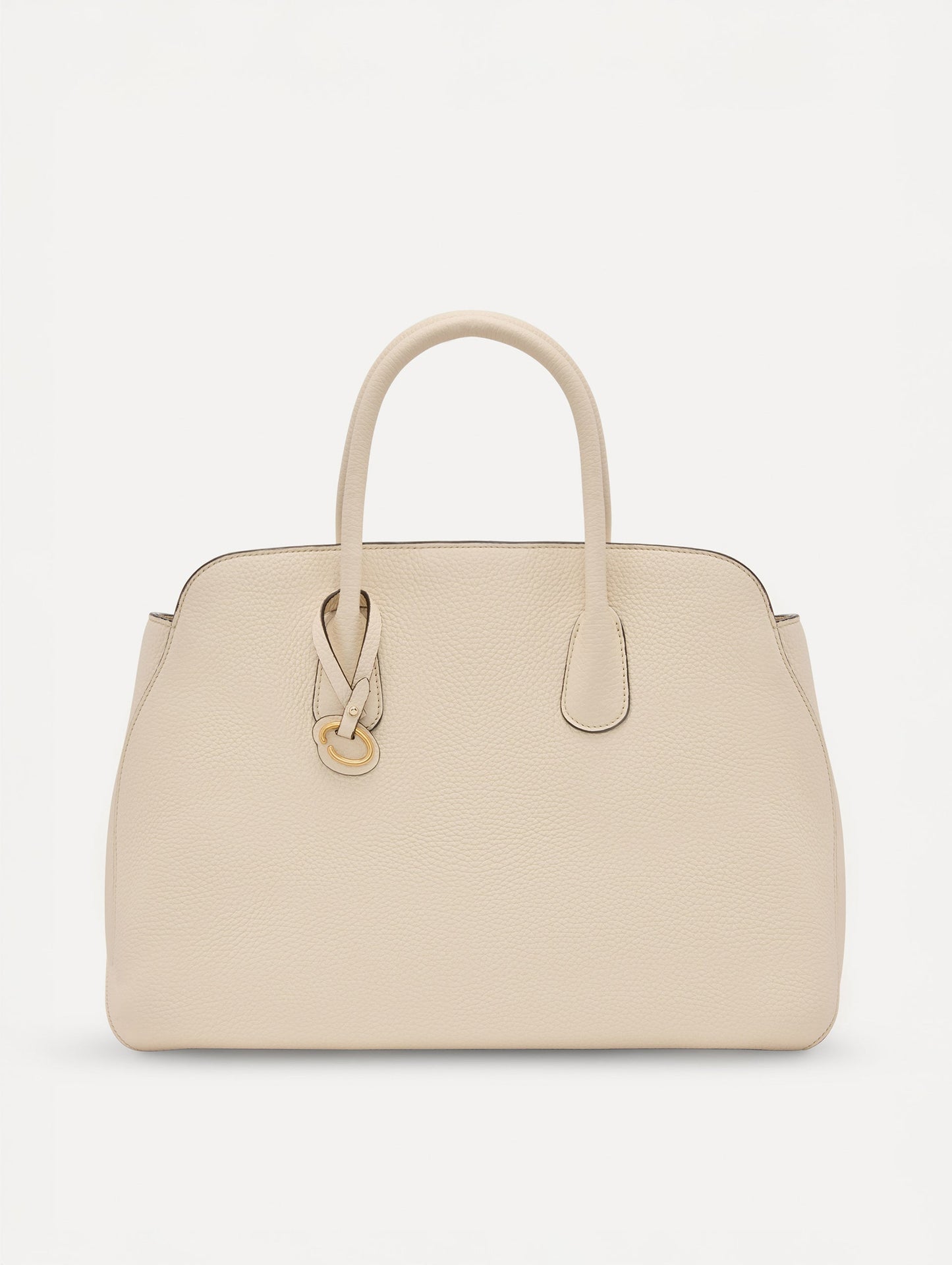 The Ivy Leather handbag in ivory with O logo tag in the Handle. Front View