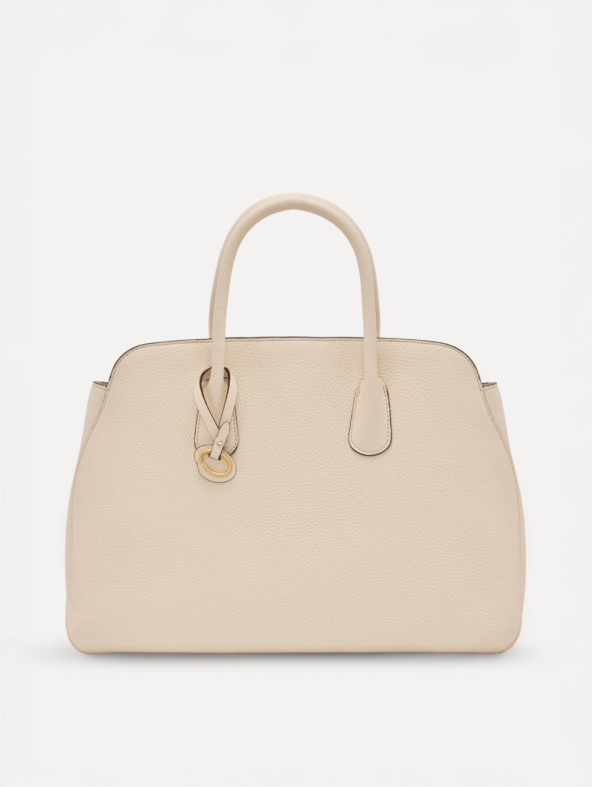 The Ivy Leather handbag in ivory with O logo tag in the Handle. Front View