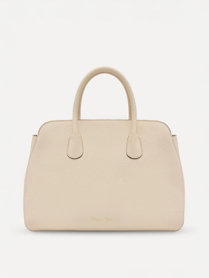 The Ivy Leather handbag in ivory with O logo tag in the Handle. Back View