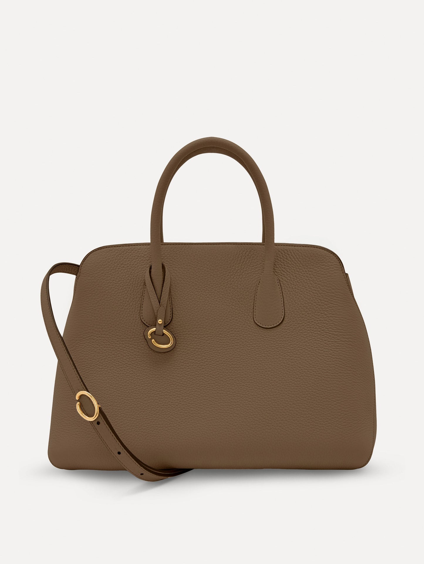 The Ivy Leather Handbag in Stone with O logo tag around Top Handle and Detachable Shoulder Strap Front View