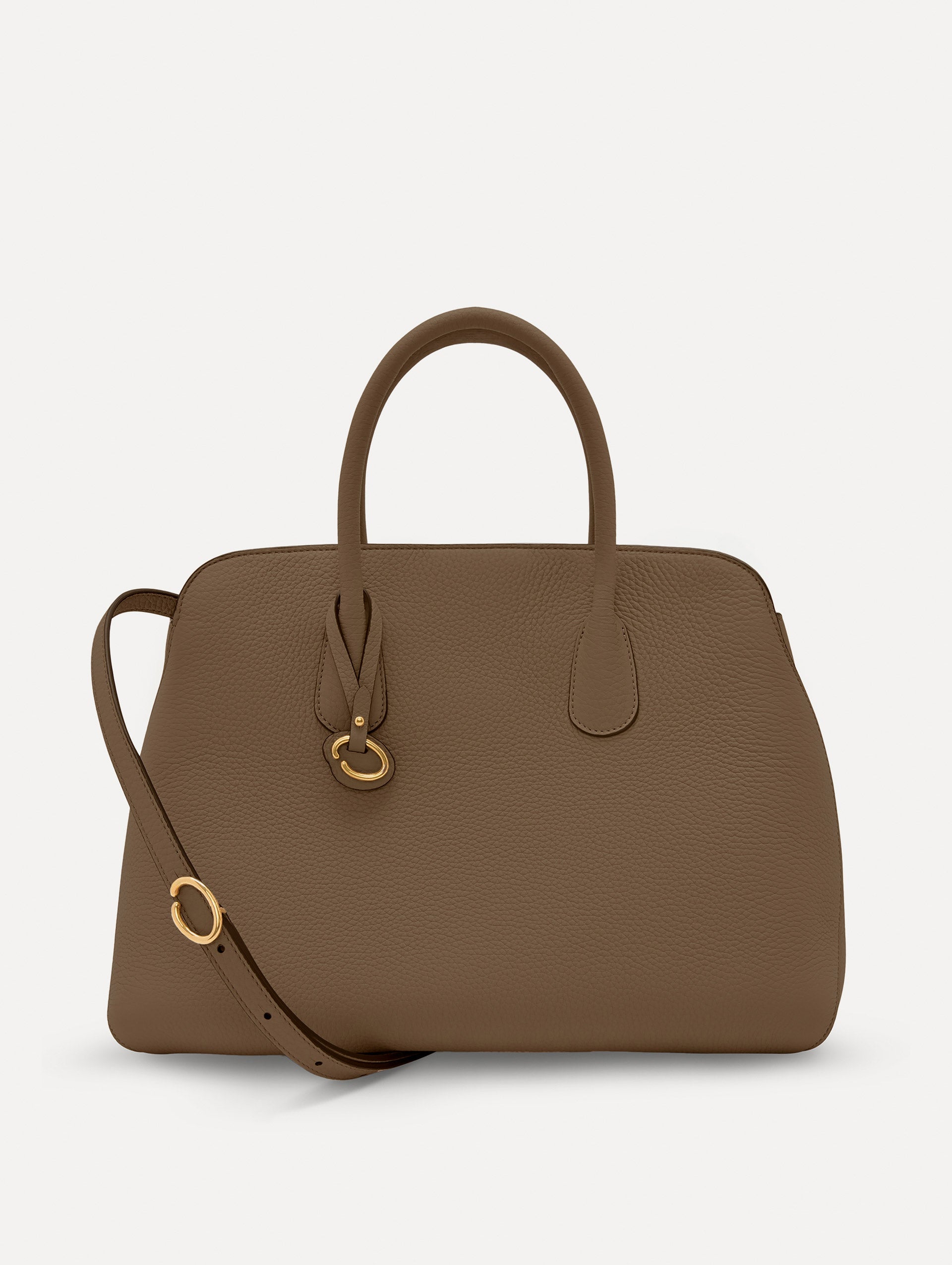 The Ivy Leather Handbag in Stone with O logo tag around Top Handle and Detachable Shoulder Strap Front View