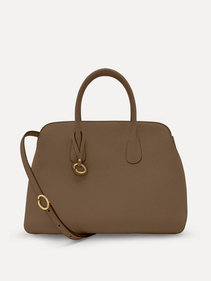 The Ivy Leather Handbag in Stone with O logo tag around Top Handle and Detachable Shoulder Strap Front View