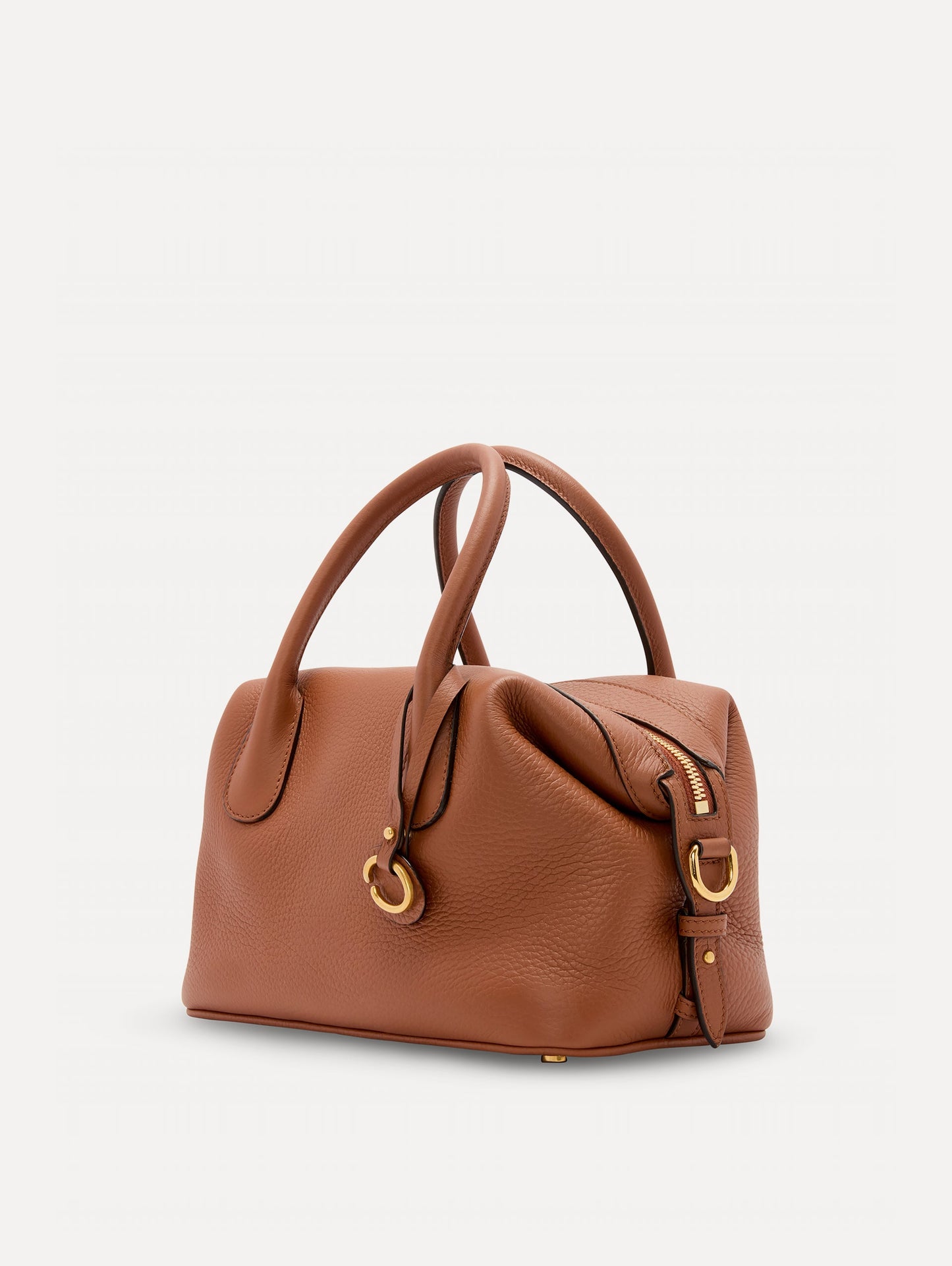 The Mini Dahlia Leather Handbag in Brown with O Logo tag around Top Handle Side View