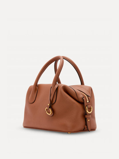 The Mini Dahlia Leather Handbag in Brown with O Logo tag around Top Handle Side View
